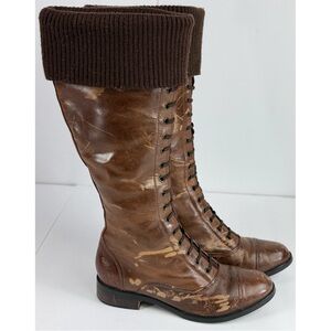Cole Haan WHITLEY Brown Distressed Leather Knit Boot Knee High, size 9.5
